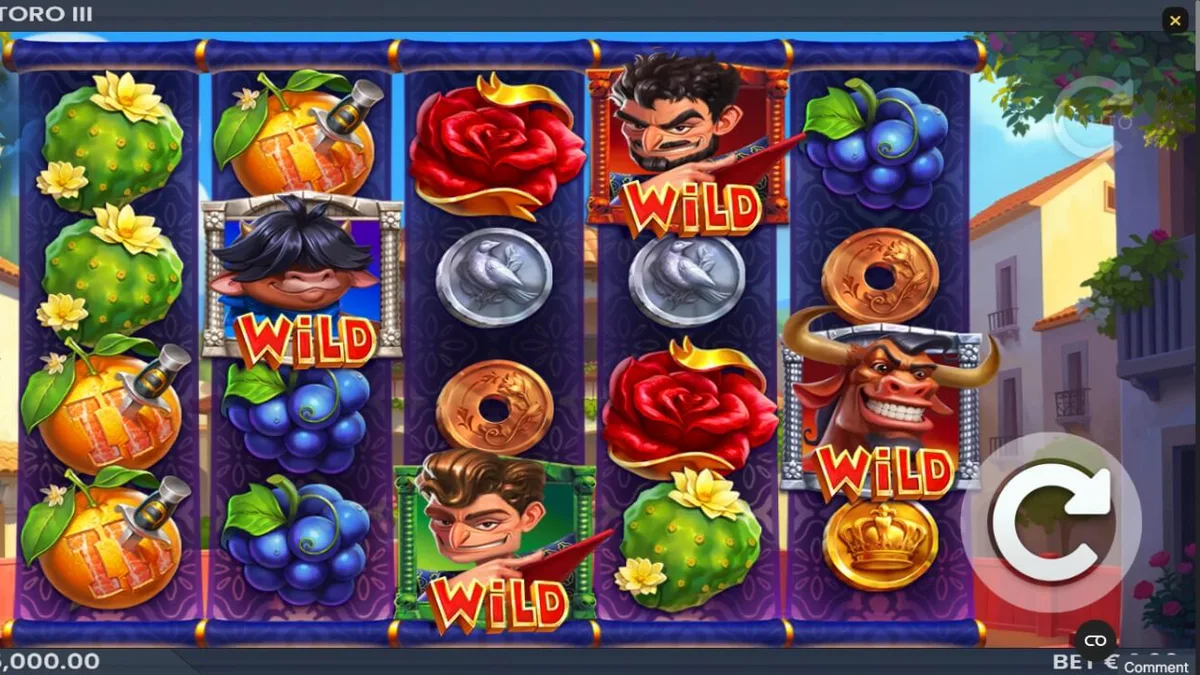 Tampilan visual slot Wild Toro 3 dengan tema banteng dan desa Spanyol