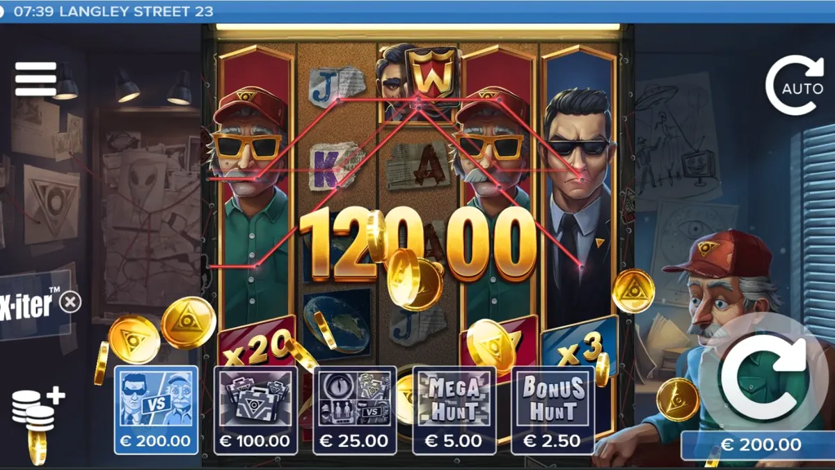 Tampilan visual slot Langley Street 23 dengan nuansa investigasi noir dan papan bukti konspirasi.